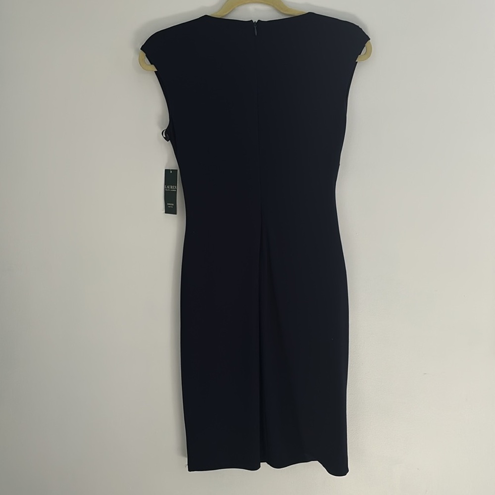 Lauren Ralph Lauren Deep Navy Blue Midi Sheath Dress with V-neck and Cap Sleeves - Picture 5 of 8